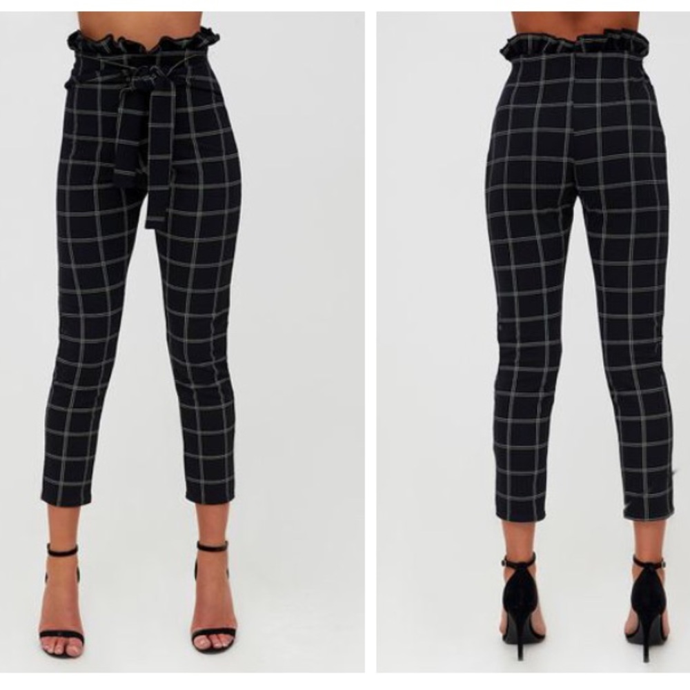Black tweed check paperbag skinny pants